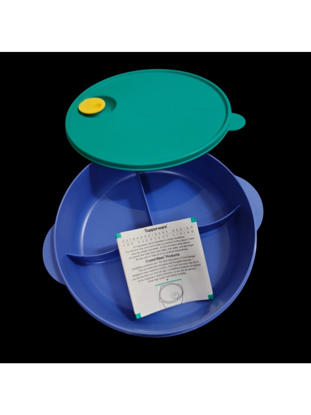 Tupperware Crystal Wave Divided Plate Dish w/ Vented Lid 3284C-4 Blue 10" NEW